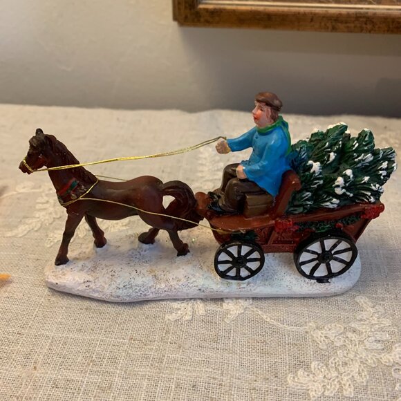 St. Nicholas Square Village Horse Pulling Sleigh with Christmas Tree Figurine - Picture 1 of 5